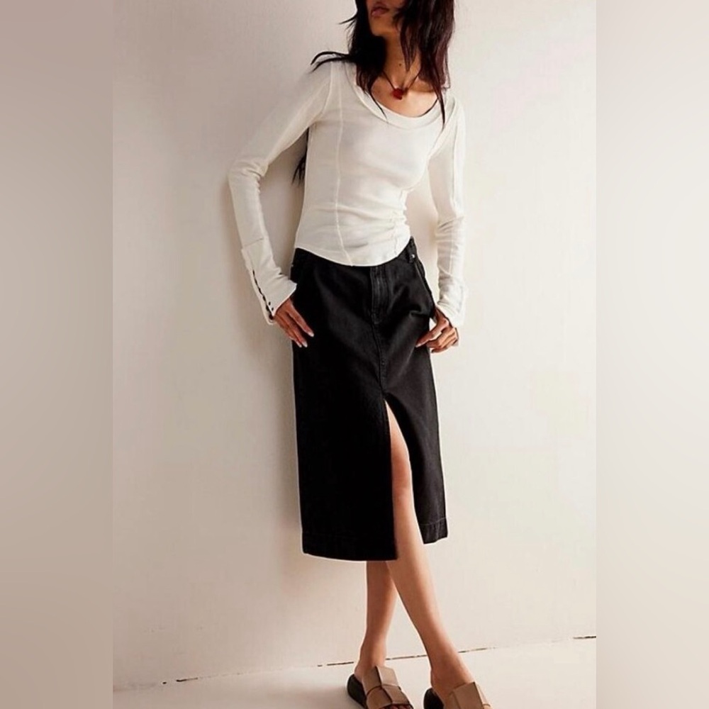 We The Free Wild Roses black denim Midi Skirt